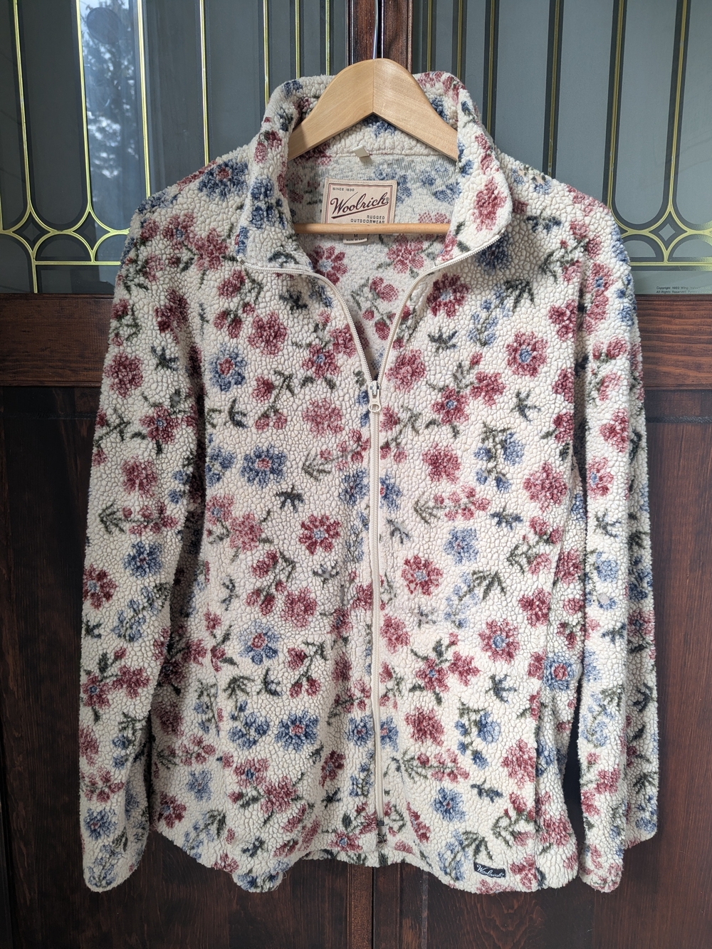 Woolrich Cream Floral Sherpa Zip Jacket with Burgundy & Blue Flowers